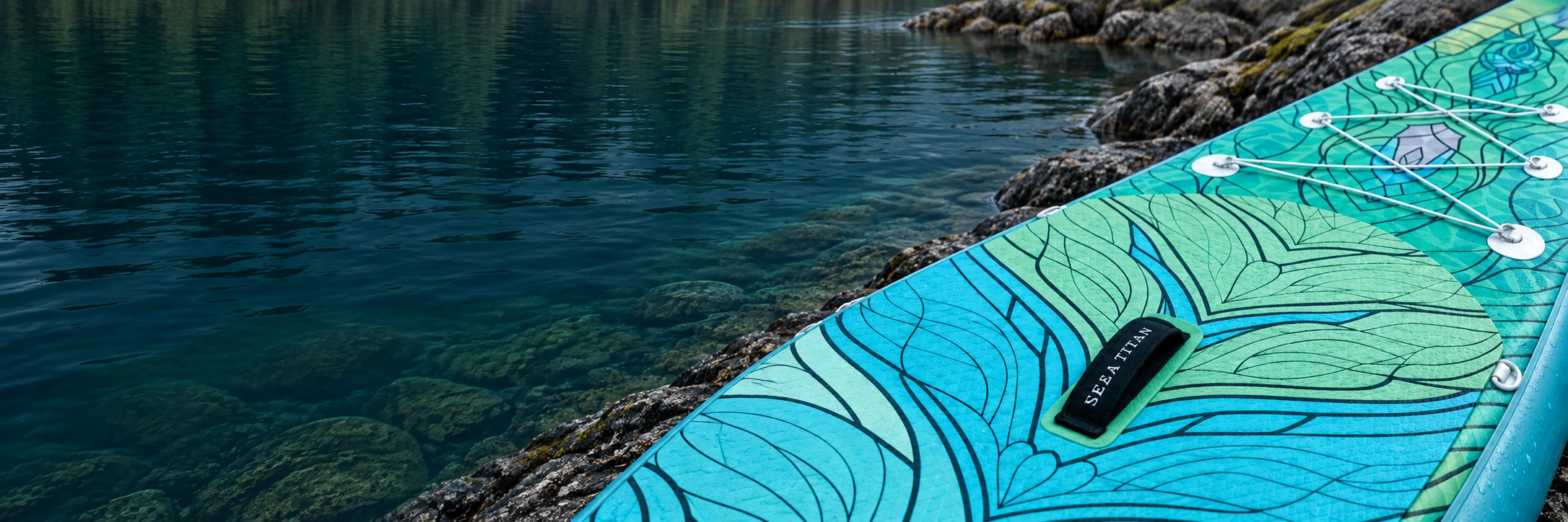 Close-up of the Dragon's Wave deck pad and carry handle beside a lake