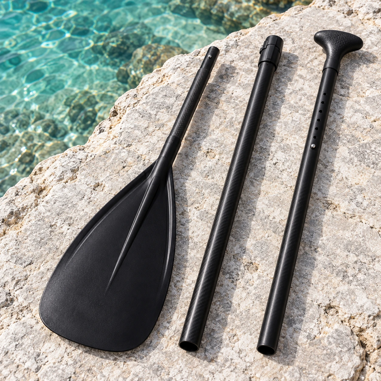 Black three-piece carbon-shaft paddle with nylon blade on stone beside clear water