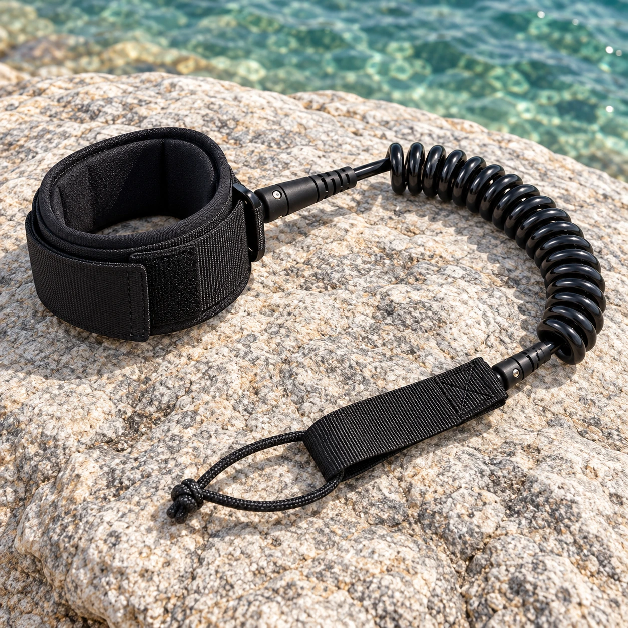 Black coiled SUP leash with padded ankle cuff and board attachment strap on a coastal rock