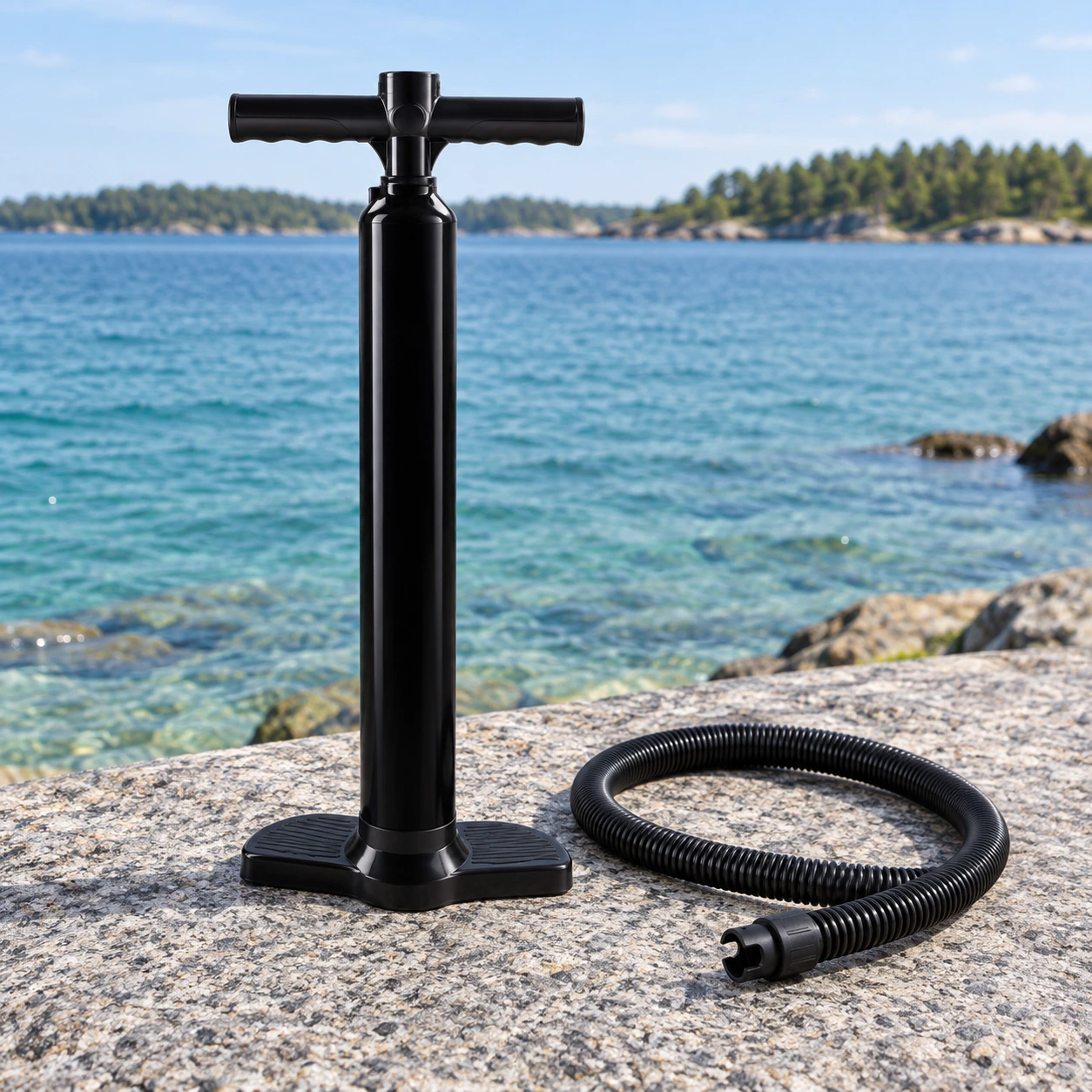 Black upright SUP hand pump and inflation hose on a granite ledge beside a coastal inlet