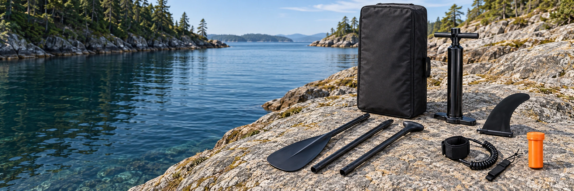 Sea Titan carry bag, pump, paddle components, fin, leash and repair tube beside a coastal inlet