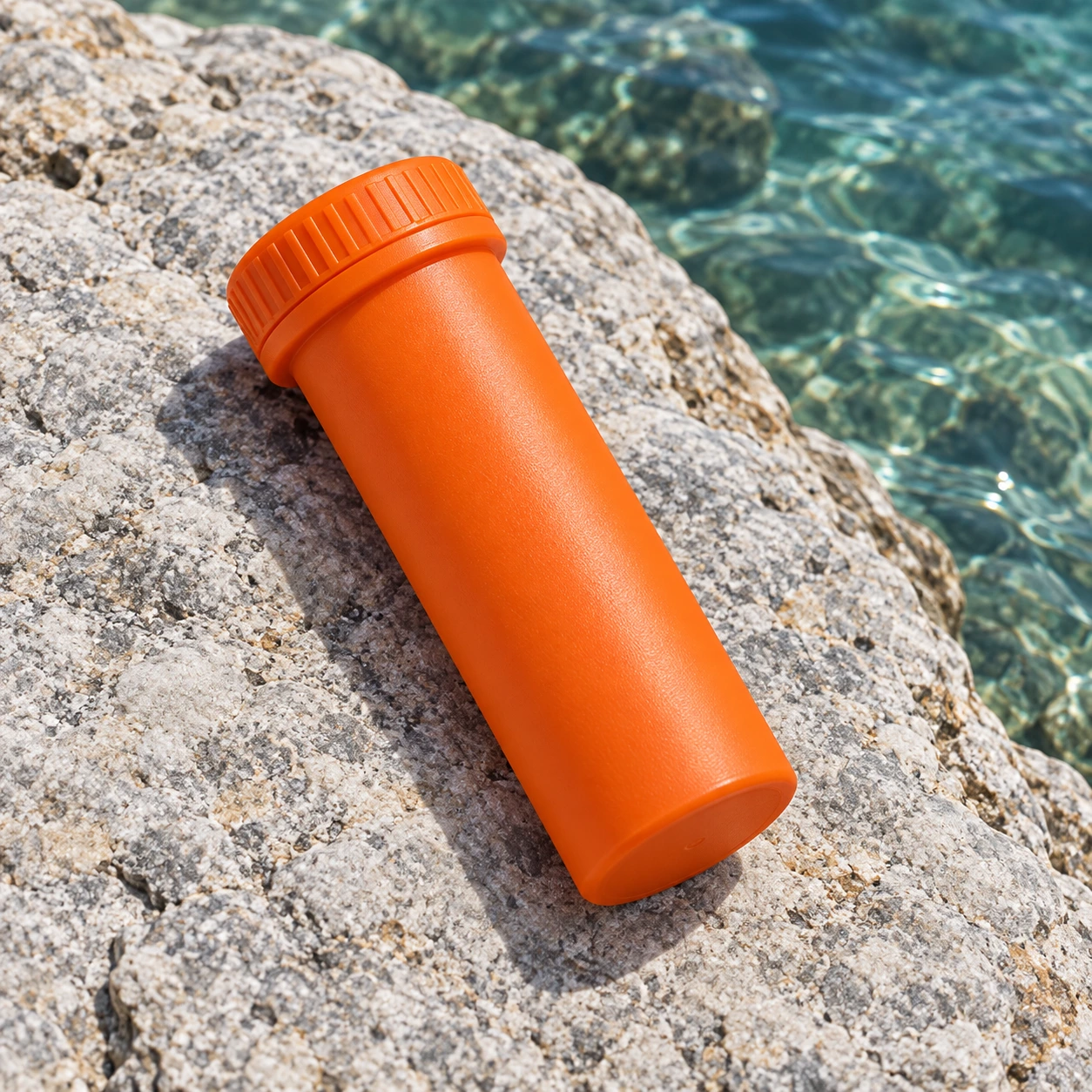 Closed orange Sea Titan repair-kit storage tube on a pale coastal rock beside clear water