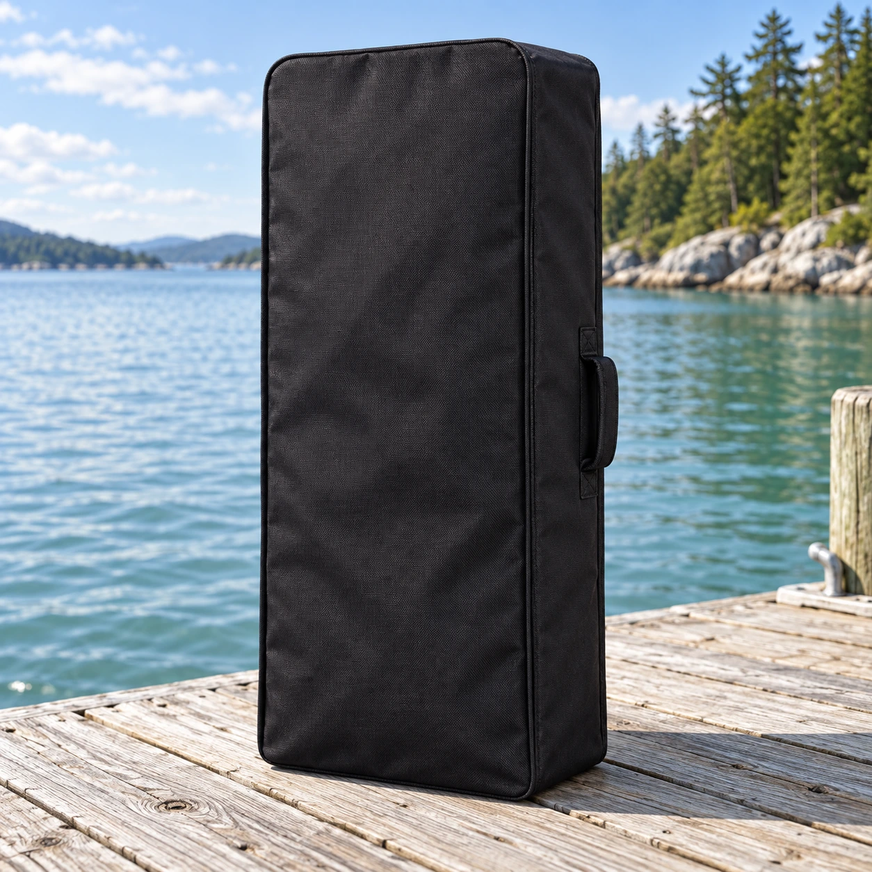 Plain black rectangular Sea Titan SUP carry bag standing on a dock beside clear coastal water