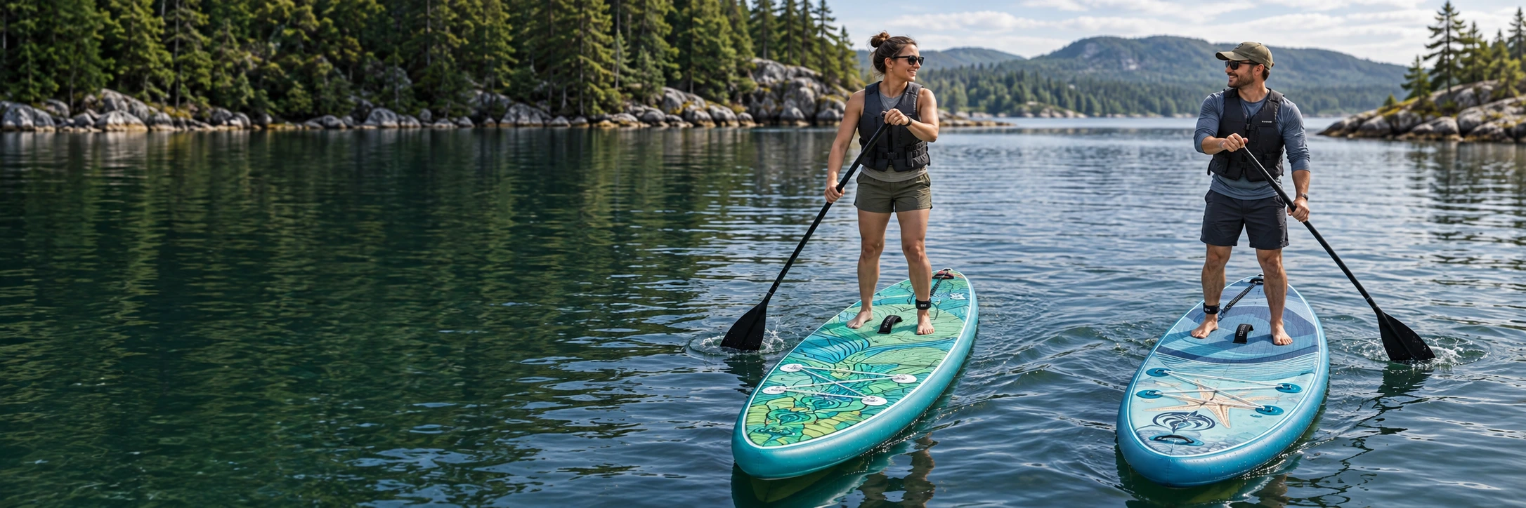 Two paddlers in buoyancy vests on deck-up Dragon's Wave and Mermaid's Lagoon boards on a calm lake