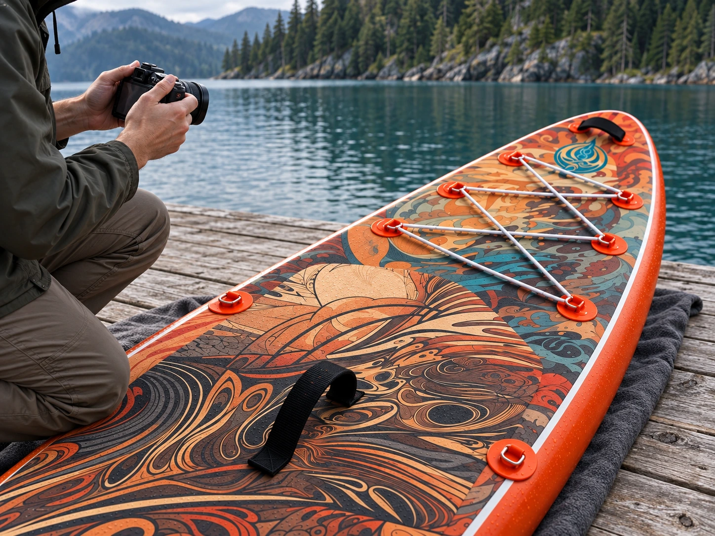 A photographer beside the orange Phoenix Voyage deck on a wooden lakeside dock