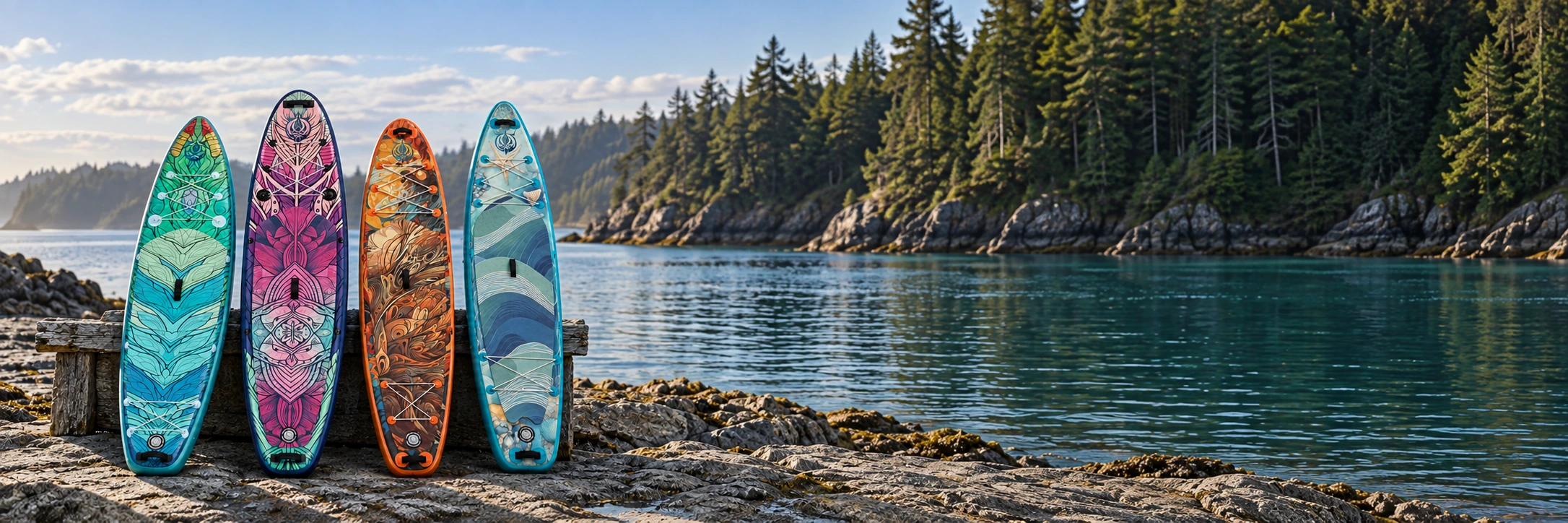 Dragon's Wave, Oasis, Phoenix and Mermaid paddle boards standing on a rocky coastal shore