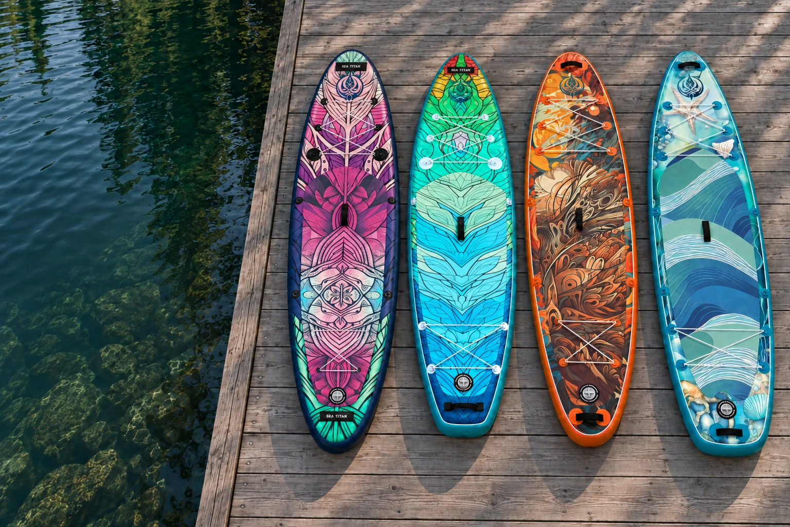 The four Sea Titan paddleboard designs resting deck-up beside clear water