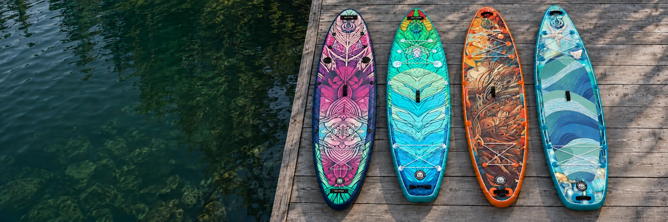 Oasis Adventure, Dragon's Wave, Phoenix Voyage and Mermaid's Lagoon resting deck-up on a wooden dock