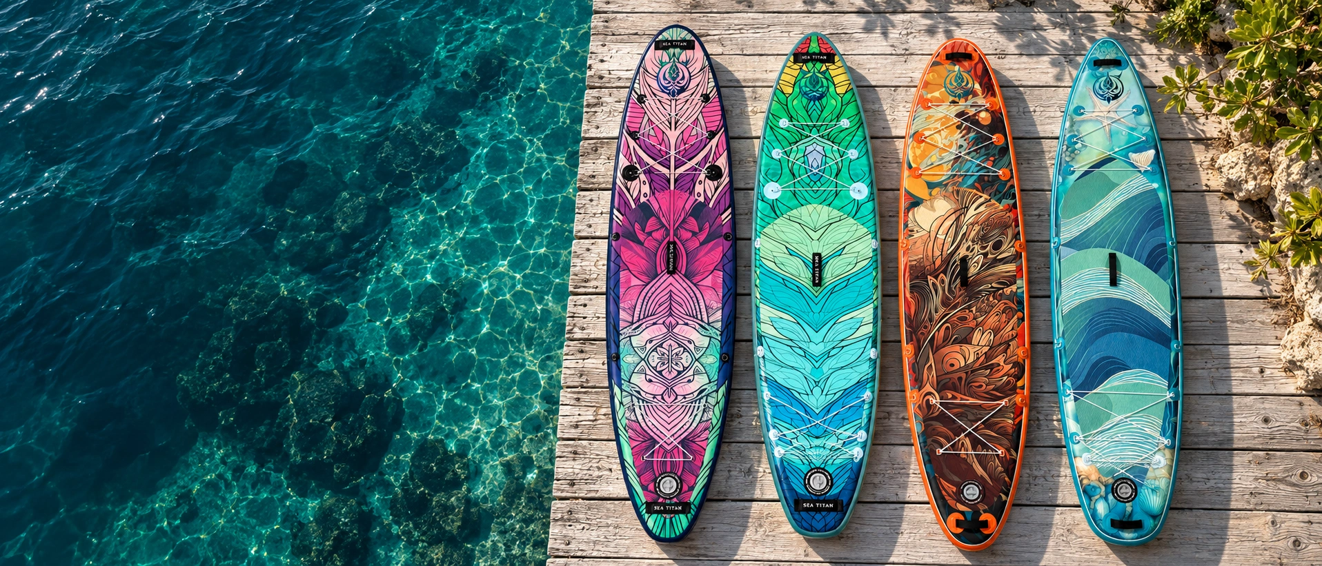 The four Sea Titan board designs on a jetty above clear water