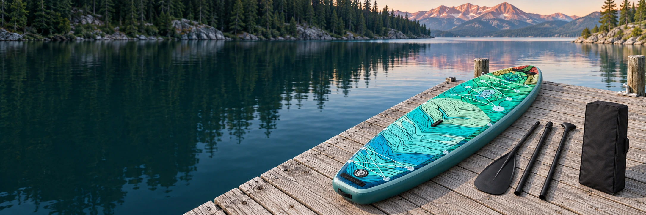 Dragon's Wave paddle board, three-piece paddle and black carry bag on a jetty beside a mountain lake