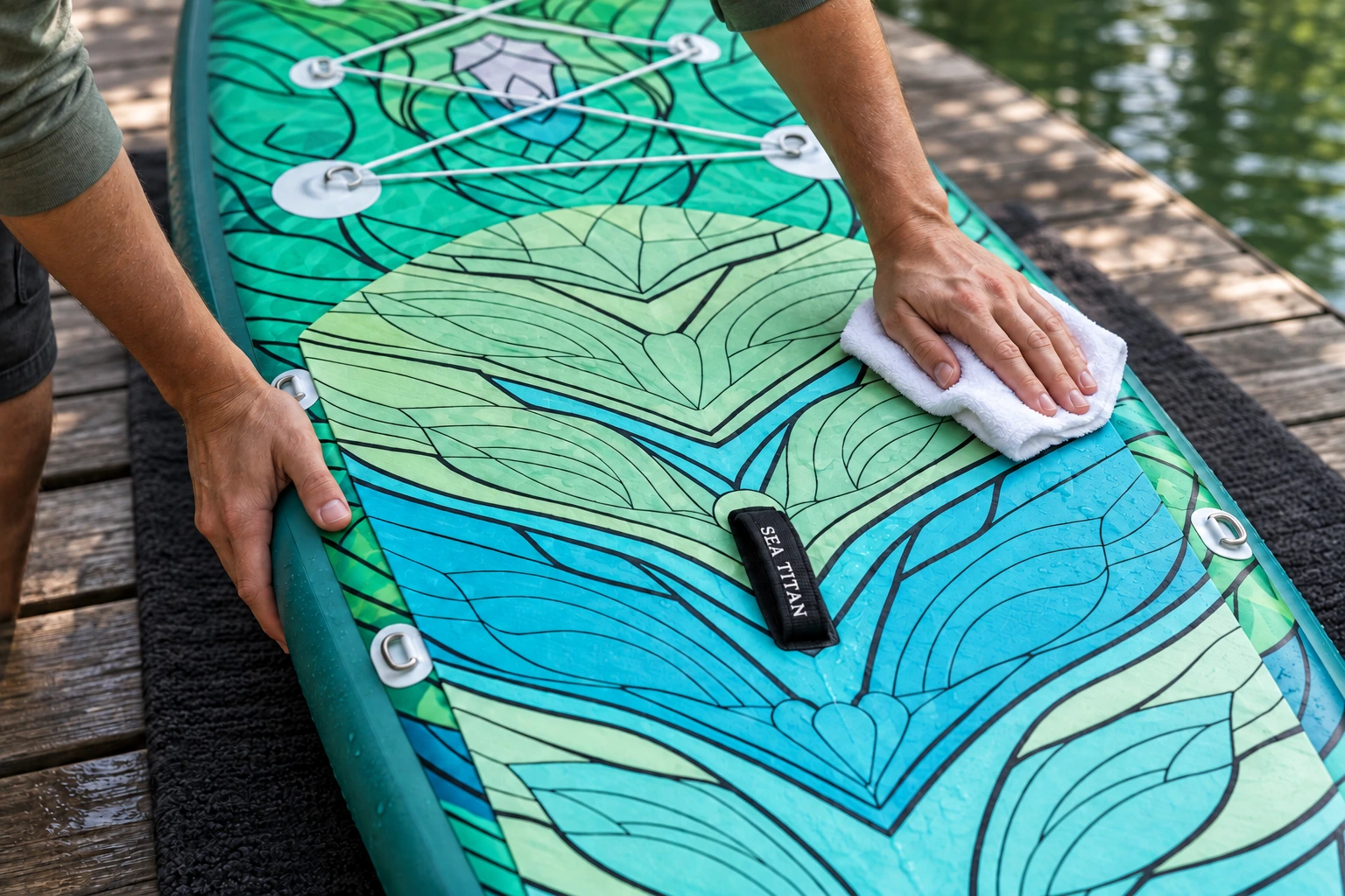 An adult gently drying the Dragon's Wave deck with a soft cloth while the board rests on a clean mat