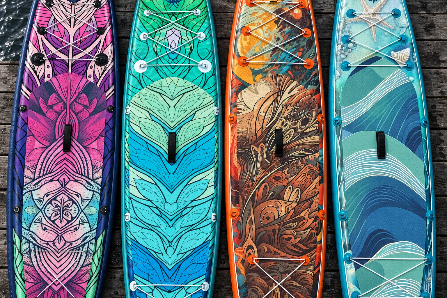 Close view of the four Sea Titan top-deck designs, with their carry handles and textured pads