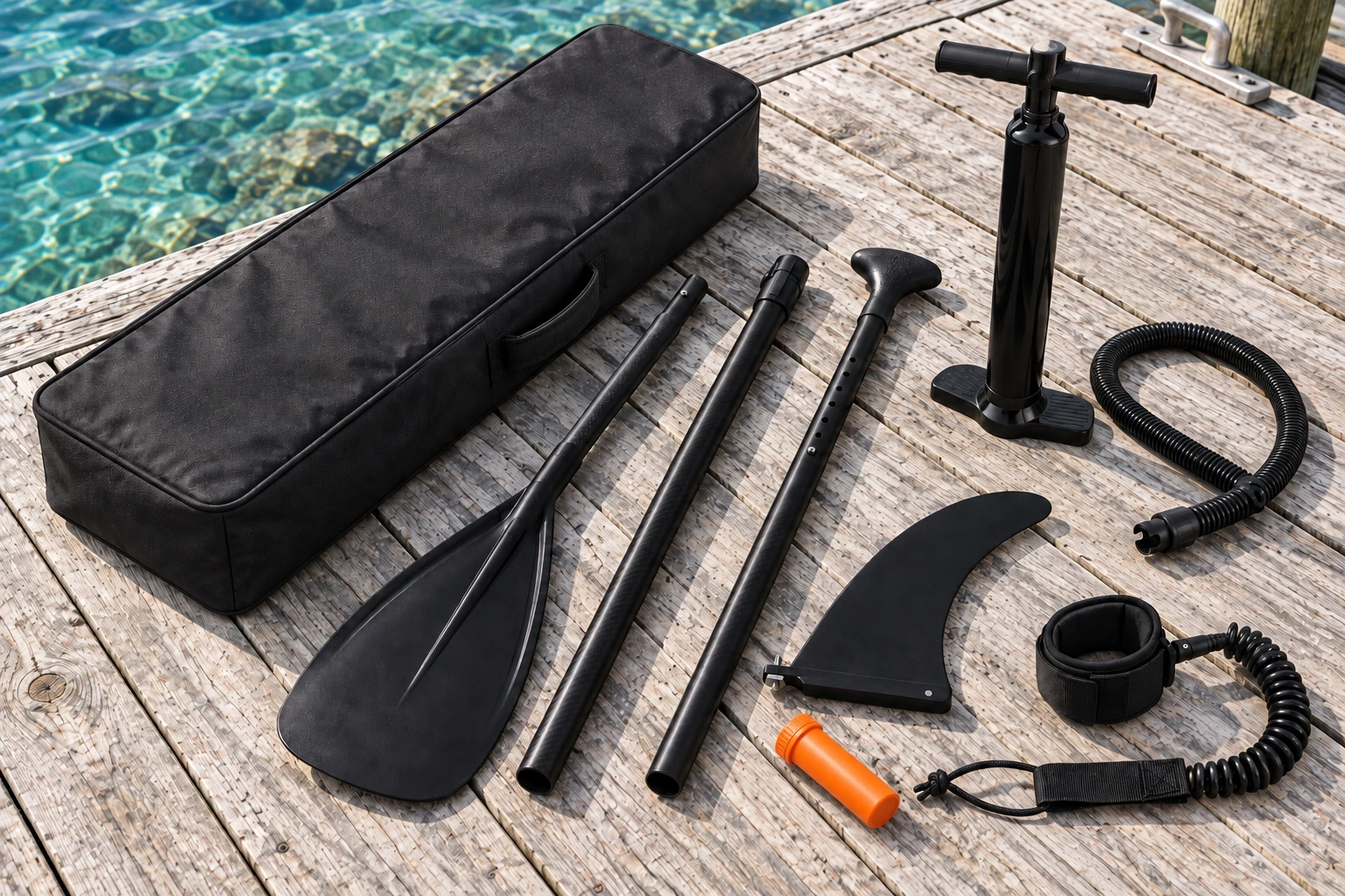 A carry bag, three-piece paddle, pump, fin, leash and closed orange repair container arranged on a dock