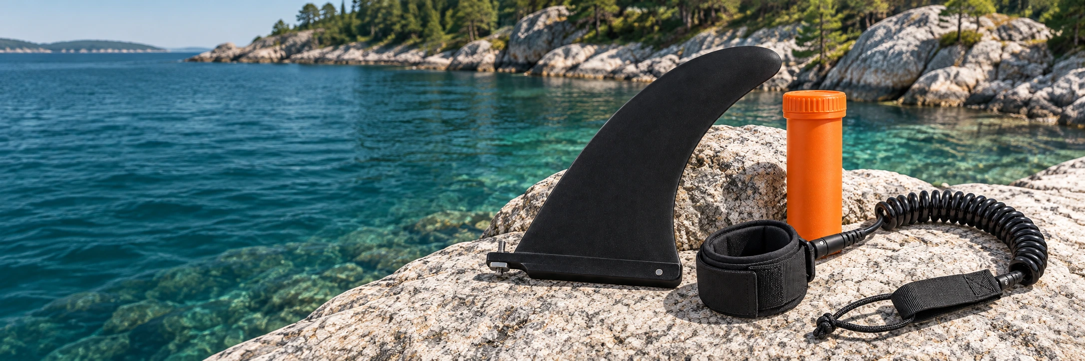 US-box center fin, coiled SUP leash and closed orange repair tube on granite beside coastal water