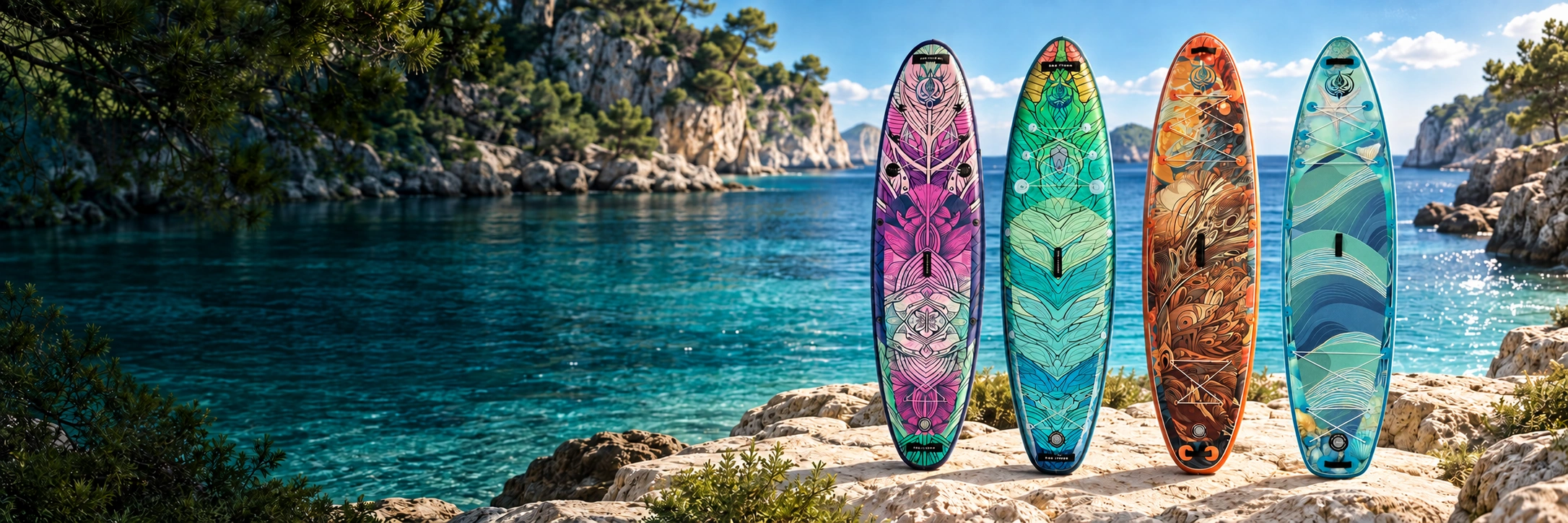 The four Sea Titan paddleboards beside a turquoise cove