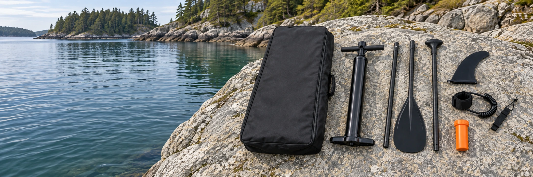 Dragon's Wave equipment arranged on a granite shore beside a calm cove