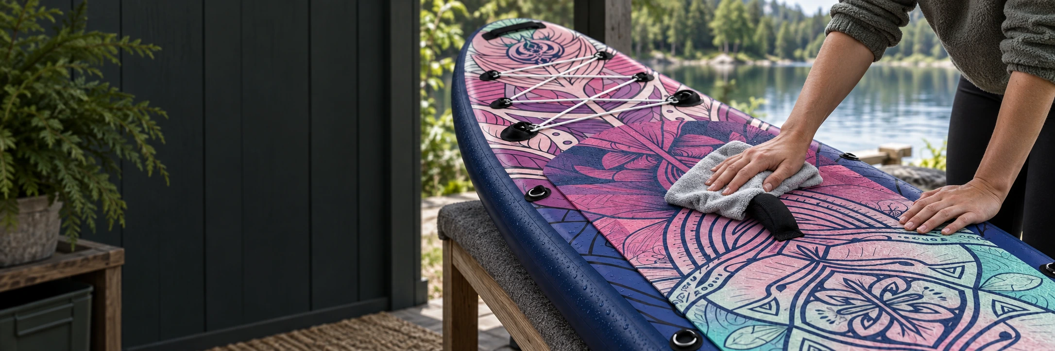 Hands gently wiping the Oasis Adventure deck with a soft cloth on a padded bench