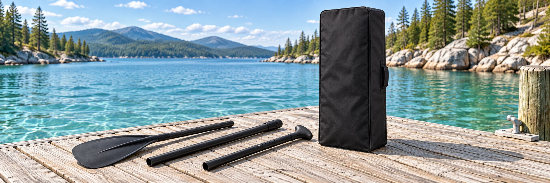 SUP carry bag and a three-piece paddle on a wooden dock beside a clear lake